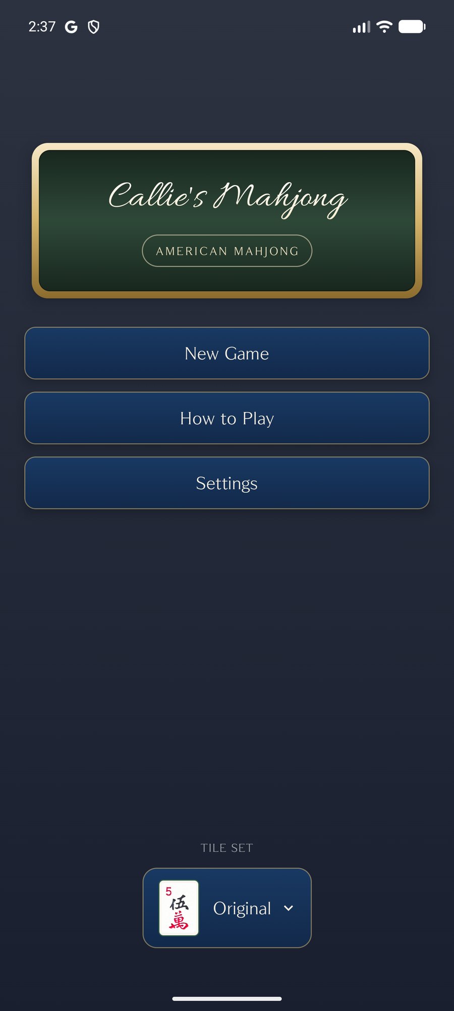 The main menu on Android, with New Game, How to Play and Settings, and a tile set picker at the bottom