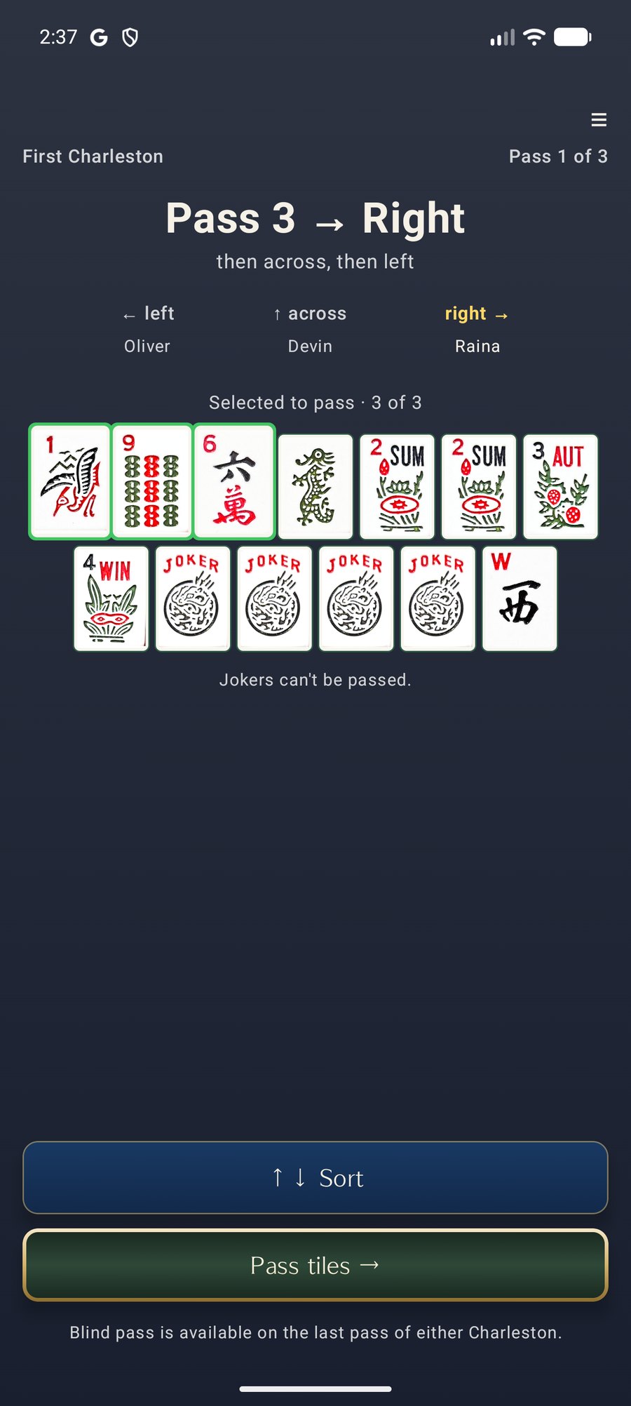 The first Charleston on Android, passing three tiles to the right, with jokers marked as unpassable