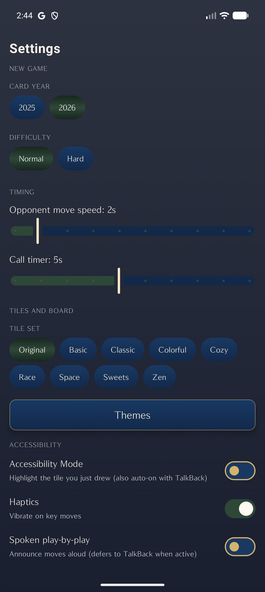 Settings on Android, showing card year, difficulty, timing, the nine tile sets and the accessibility options