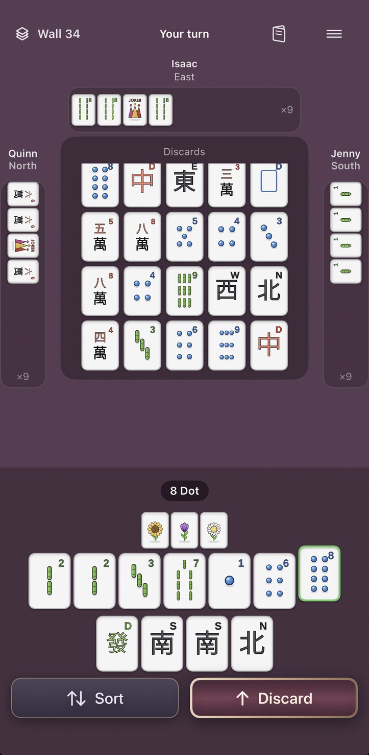 Callie's Mahjong mid-game turn with discards and a live hand