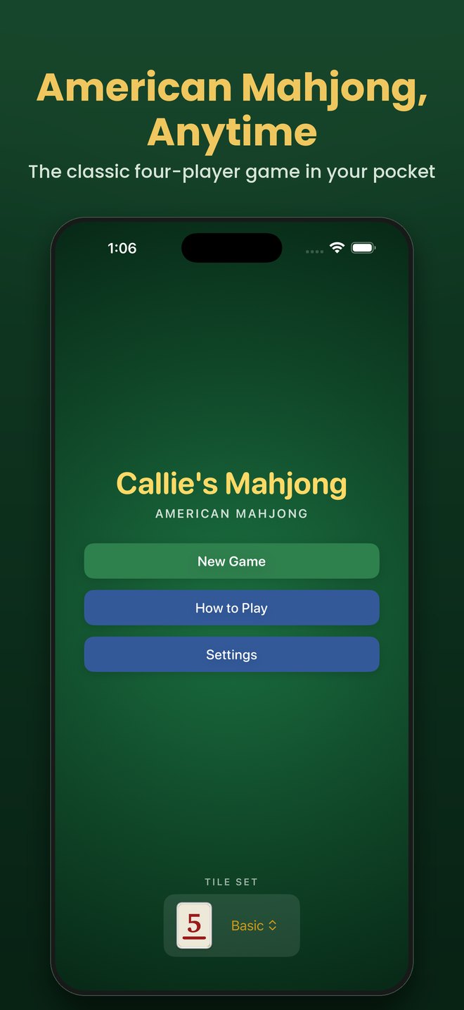 Callie's Mahjong main menu — American Mahjong, Anytime