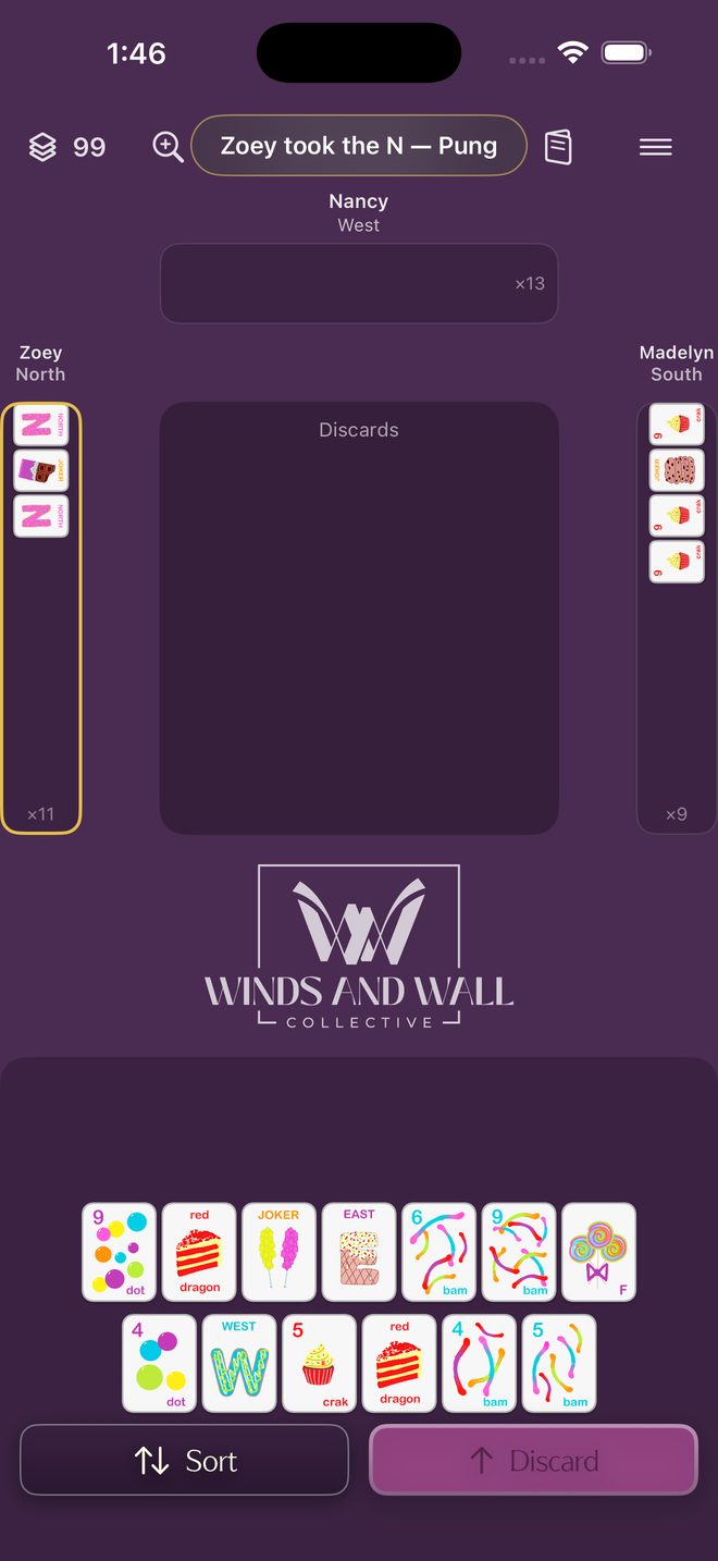 A multiplayer table on the Sweets tile set announcing that another player called a pung