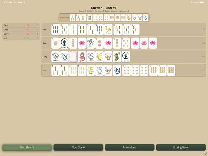 End of the hand on an iPad in landscape, every player's tiles revealed beside the scoreboard